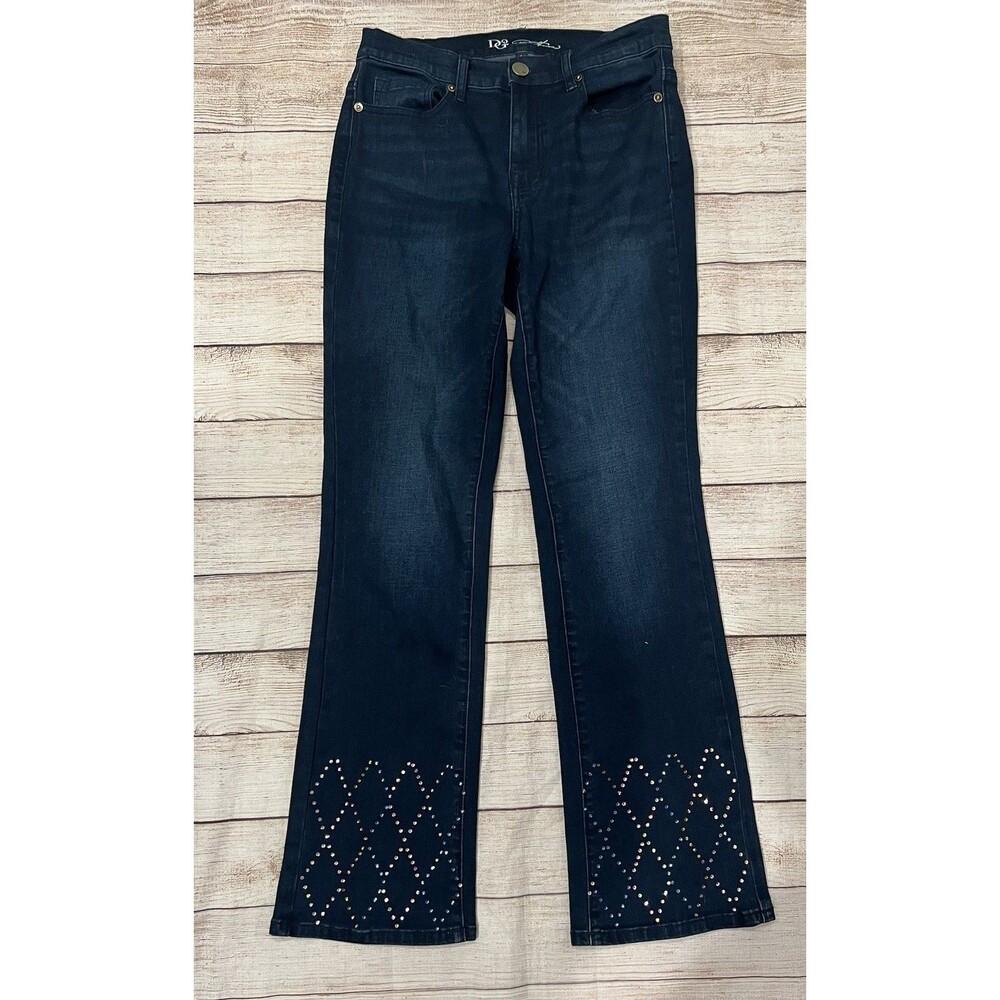 DG2 by Diane Gilman Indigo Denim Studded Stretch Boot-Cut Jeans Size 4